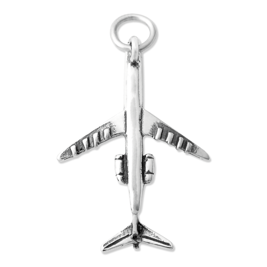 Jet Plane Charm made of sterling silver, featuring detailed wings and body design, showcasing an airplane from above.