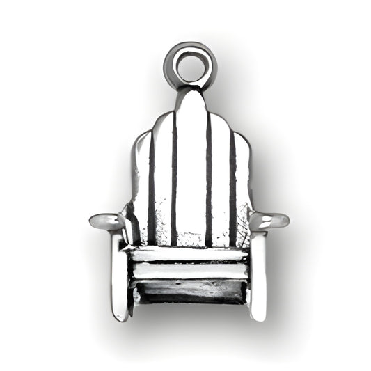 Adirondack Chair Charm made of sterling silver, featuring detailed slats and armrests, showcasing a classic chair design.