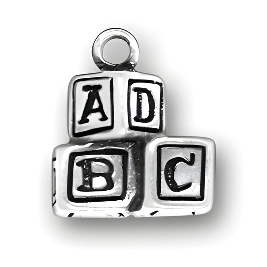 Charm Factory Alphabet Blocks Charm made of silver, featuring three stacked blocks with letters A, B, and C.