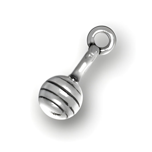 Charm Factory Baby Rattle Charm made of polished silver with striped detailing and a loop for attachment.