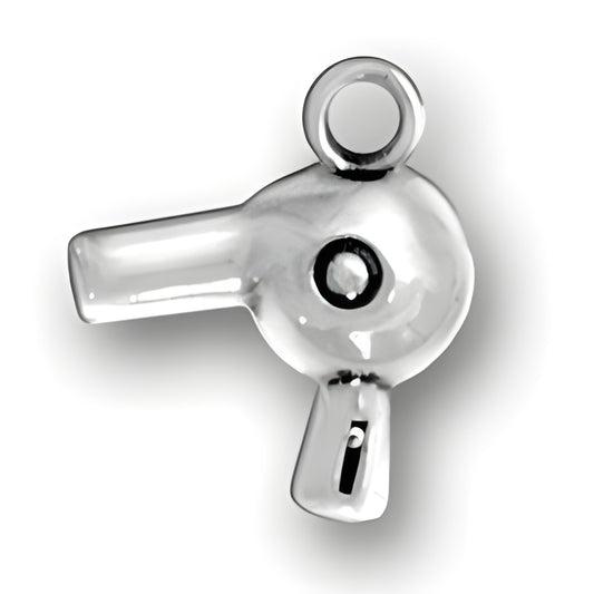 Blow Dryer Charm by Charm Factory, crafted from shiny metal, features a detailed design with a loop for attachment.