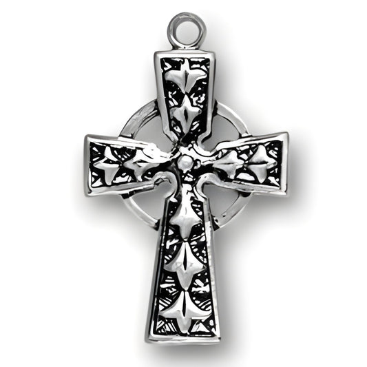 Celtic Cross Charm made of sterling silver, featuring intricate designs and a circular center.