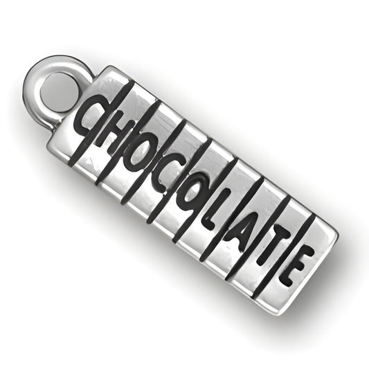 Charm Factory Chocolate Charm made of silver, designed in the shape of a chocolate bar with engraved lettering.