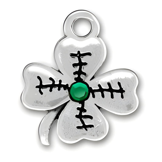 Clover charm with a green crystal center, made of sterling silver, featuring detailed engravings on the petals.
