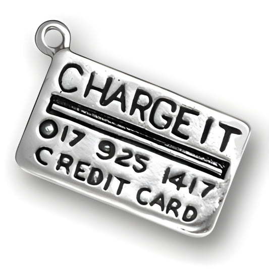Credit Card Charm by Charm Factory, made of sterling silver, features engraved text and a raised design.
