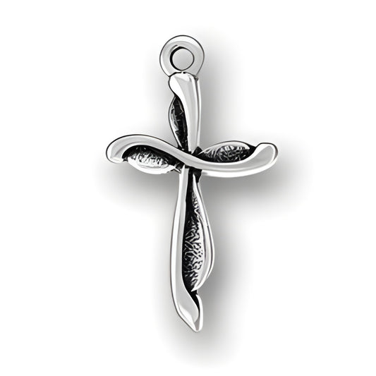 Cross charm made of sterling silver, featuring a sleek design with curved edges and textured detailing.