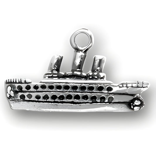 Sterling silver cruise ship charm featuring detailed design with smokestacks and portholes.