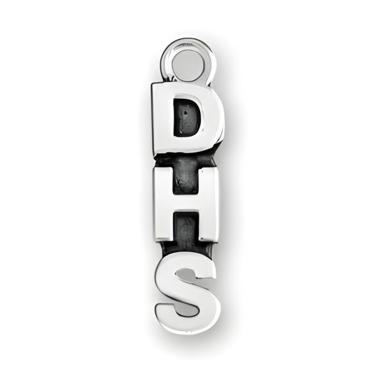 DHS charm made of sterling silver, featuring three bold letters 'D', 'H', and 'S' in a stacked arrangement.