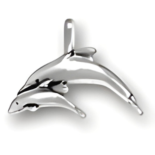 Charm Factory Dolphin and Calf Charm, crafted from sterling silver, featuring a detailed design of a dolphin and its calf.