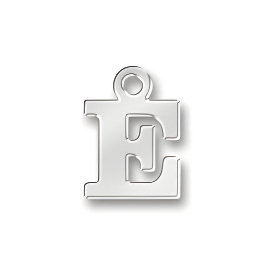 Sterling silver charm featuring the letter 'E' in a bold, modern font with a loop for attachment.