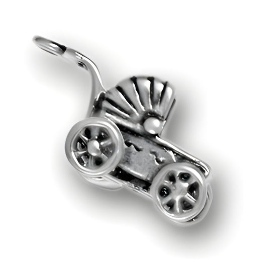 Charm Factory Fancy Baby Carriage Charm, made of silver, features intricate detailing and a classic stroller design.
