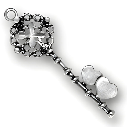 Charm Factory Fancy Key with Hearts Charm, crafted from silver, featuring a decorative heart design and intricate detailing.