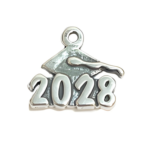 Charm Factory Graduation Charm 2028, made of silver-tone metal, featuring a graduation cap and the year 2028.