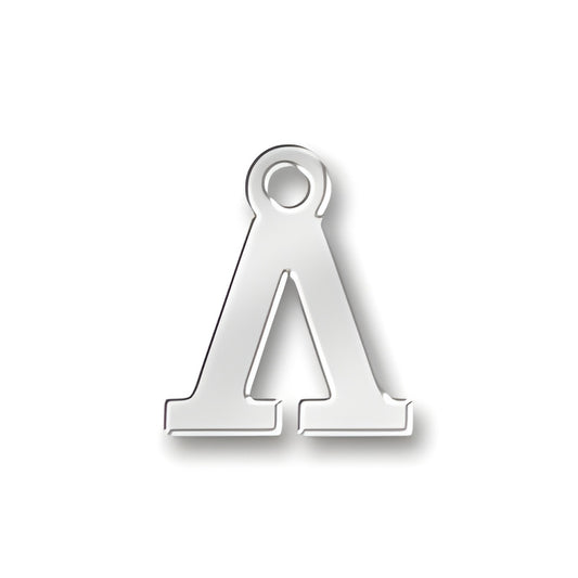 Greek Lambda Charm made of sterling silver, featuring a polished finish and a circular loop for attachment.