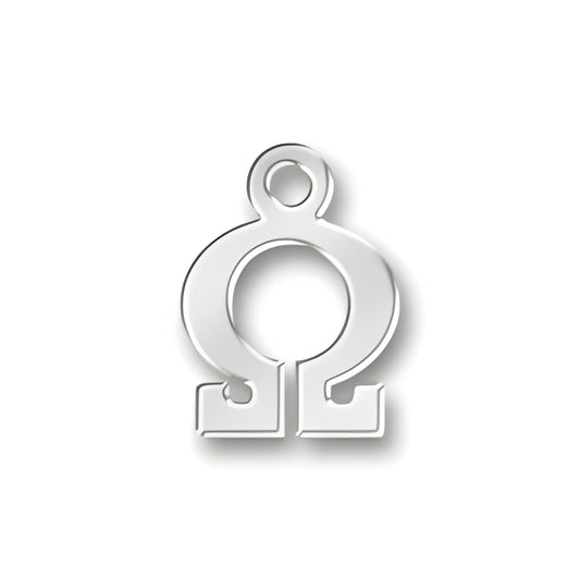 Greek Omega Charm made of sterling silver, featuring a stylized omega symbol with a loop for attachment.