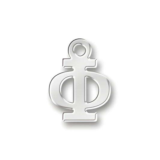 Greek Phi Charm made of sterling silver, featuring a polished design with a loop for attachment.