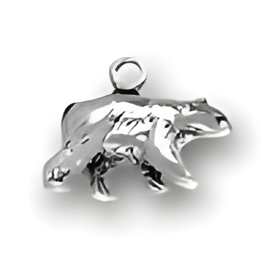 Grizzly Bear Charm by Charm Factory, crafted from polished silver, featuring detailed bear design with a loop for attachment.