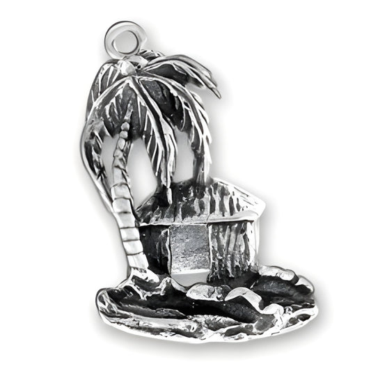 Hawaii Palm Tree Charm made of sterling silver, featuring a palm tree and a small hut on a sandy base.
