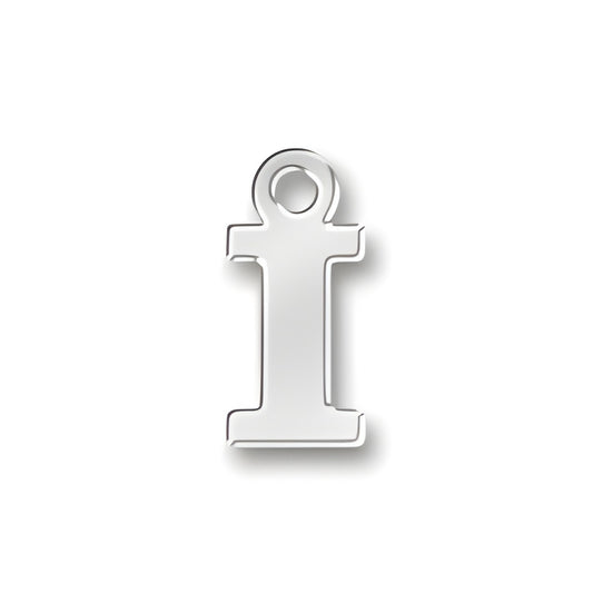 Sterling silver 'I' letter charm from Charm Factory, featuring a polished finish and a circular loop for attachment.