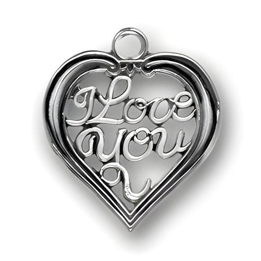 I Love You Heart Charm made of sterling silver, featuring a heart shape with the words 'I Love You' elegantly scripted inside.