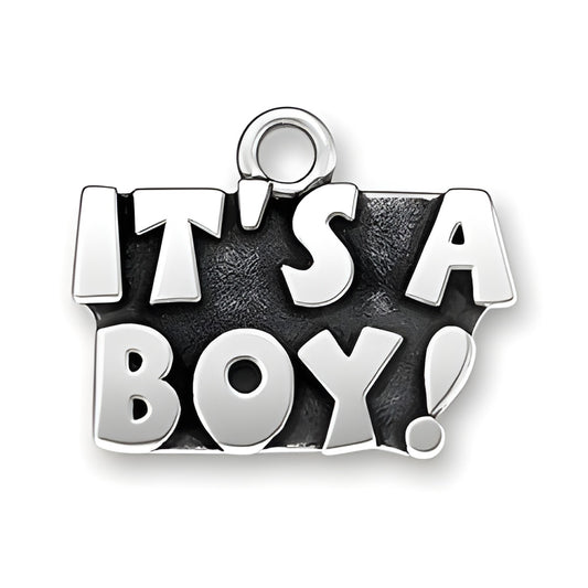 Charm Factory It's a Boy! charm made of silver-tone metal, featuring bold, playful lettering on a textured background.