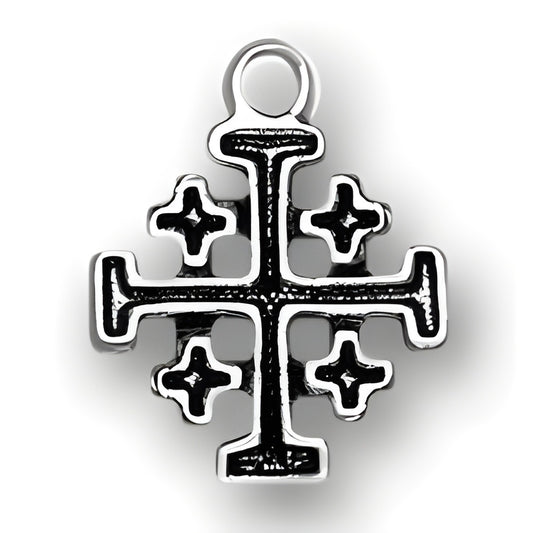 Jerusalem Cross Charm made of sterling silver, featuring a central cross with four smaller crosses at each arm.