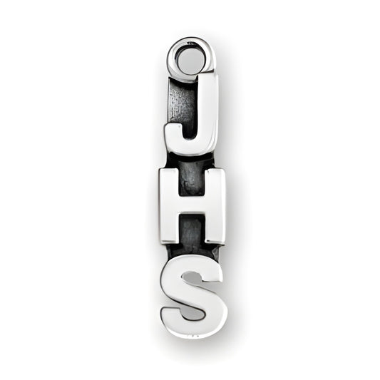JHS charm made of sterling silver, featuring three letters: J, H, and S, arranged vertically with a loop for attachment.