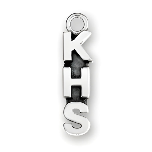 KHS charm in sterling silver featuring three raised letters: K, H, and S, with a loop for attachment.