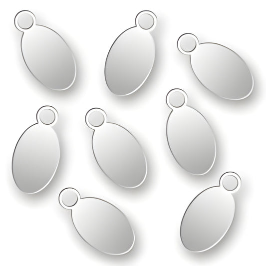 Charm Factory Laser Engraved Sterling Silver Jewelry Tags, oval shape, measuring 4.5mm x 9mm, set of ten.