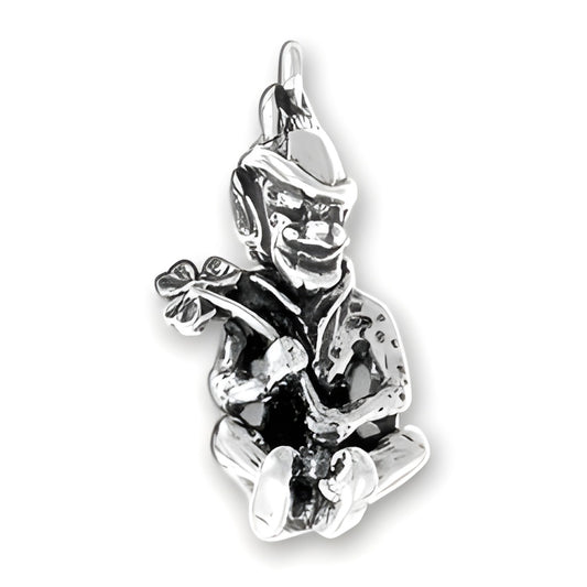 Leprechaun charm in sterling silver, depicting a seated leprechaun holding a four-leaf clover, detailed features.