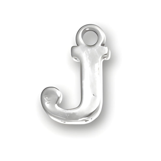 Sterling silver letter J charm with a smooth, polished finish and a small loop for attachment.