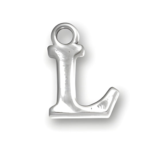 Sterling silver letter L charm, featuring a polished finish and a loop for attachment.