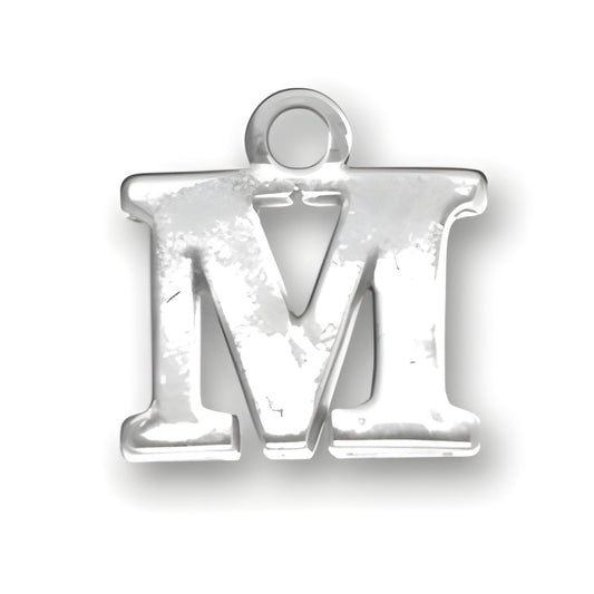 Sterling silver charm featuring the letter 'M' in a bold, block style with a polished finish.