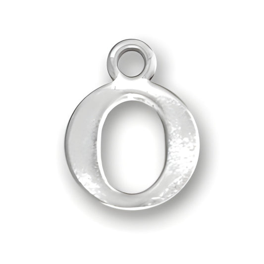 Sterling silver charm in the shape of the letter O, featuring a polished finish and a loop for attachment.