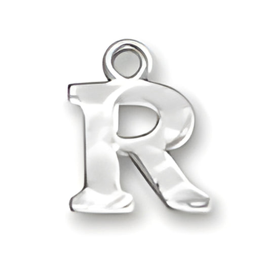 Sterling silver charm in the shape of the letter R, featuring a polished finish and a loop for attachment.