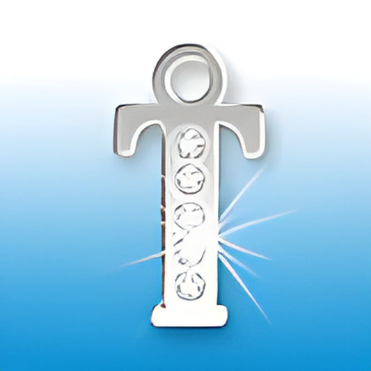 Sterling silver letter T initial charm featuring four embedded crystals, designed for charm jewelry.