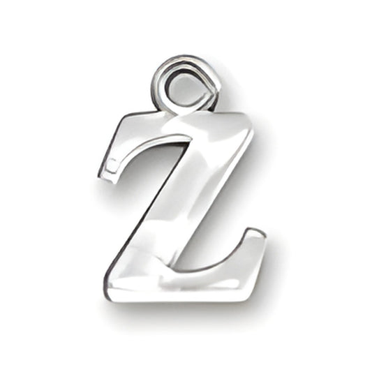 Sterling silver letter Z charm, featuring a polished finish and a loop for attachment to jewelry.