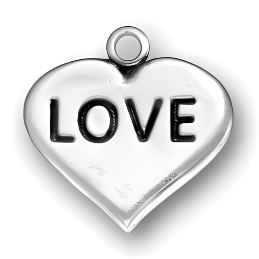 Charm Factory Love Heart Charm made of polished silver, featuring the word 'LOVE' engraved in black.