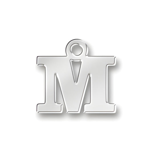 Sterling silver charm in the shape of the letter 'M', featuring a polished finish and a loop for attachment.