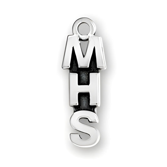 MHS charm made of sterling silver, featuring three stacked letters: M, H, and S, with a polished finish.