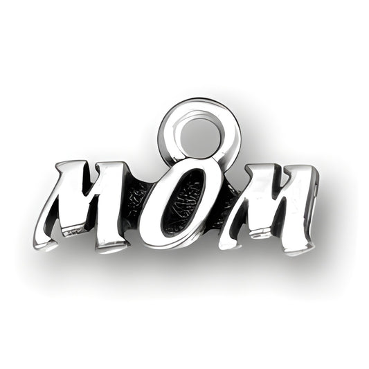 Sterling silver charm featuring the word 'MOM' in a bold, stylized font with a loop for attachment.