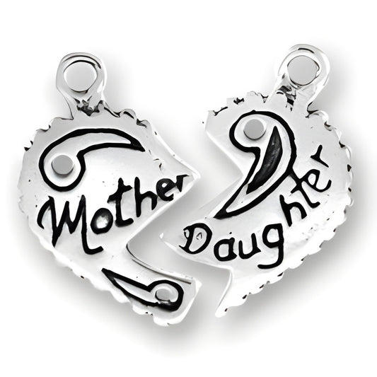 Sterling silver charm featuring two interlocking halves, engraved with 'Mother' and 'Daughter'.