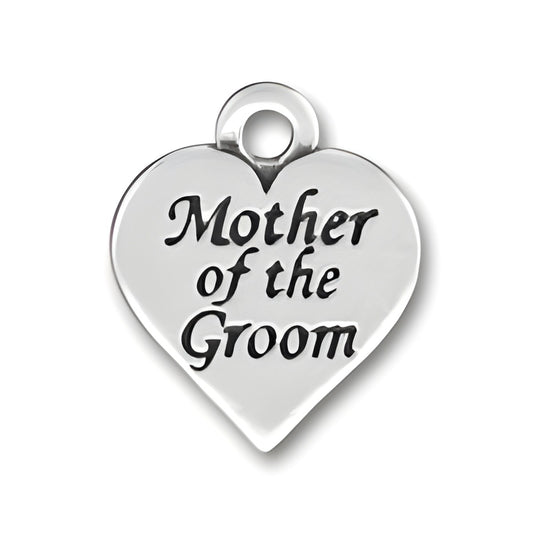 Sterling silver heart charm engraved with the words 'Mother of the Groom' in a decorative font.