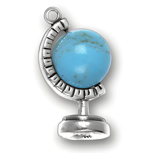 Moveable Globe on Stand Charm, sterling silver with a blue globe, featuring detailed engravings on the stand.
