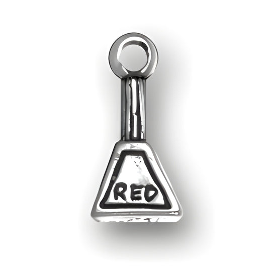 Charm Factory Nail Polish Charm made of silver-tone metal, featuring a triangular shape with 'RED' engraved.