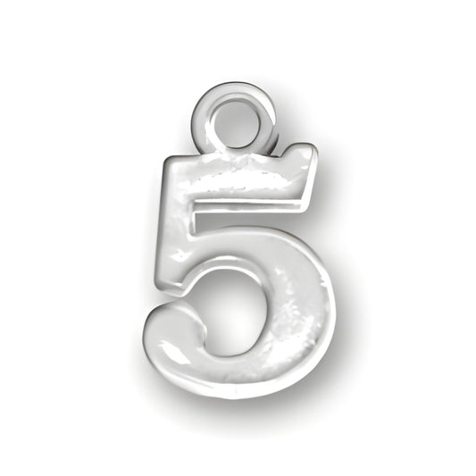 Charm Factory Number 5 Charm made of shiny silver metal, featuring a stylized numeral 5 design.
