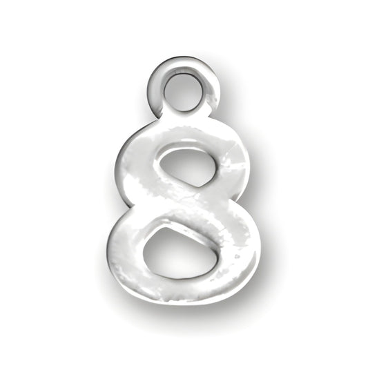 Charm Factory Number 8 Charm made of polished silver, featuring a stylized, flowing design of the number 8.