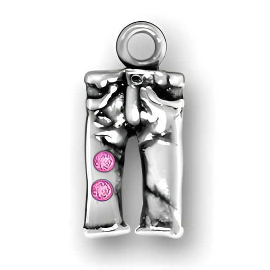 Charm Factory Pants with Pink Crystals, made of silver-tone metal, featuring two pink crystal accents.