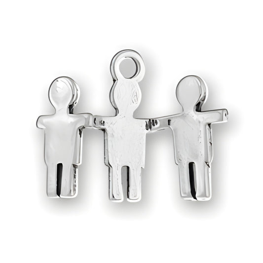 Charm Factory Paper Boy Cutout Charm, made of shiny silver metal, featuring three connected boy figures.