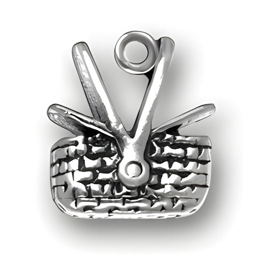 Sterling silver Picnic Basket Charm featuring a detailed woven design and open lid with handles.